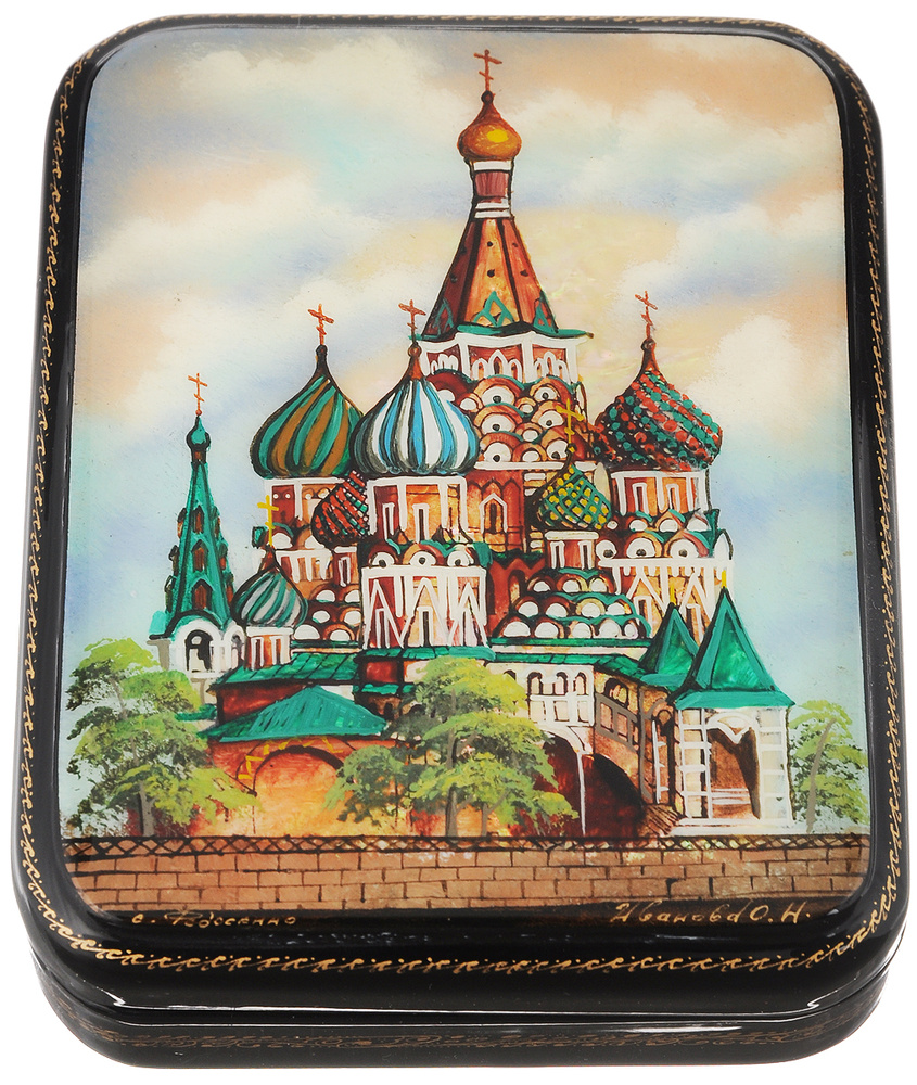 Шкатулка Федоскино "Москва. Храм Василия Блаженного", 11х9 см. Ручная ...