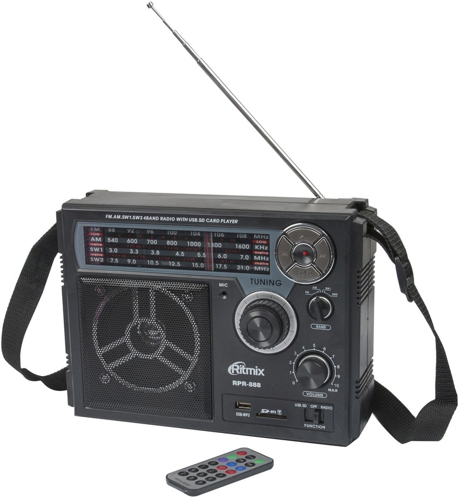 Полноразмерный четырехдиапазонный радиоприёмник с диктофоном Ritmix RPR-888 черный,ремень для переноски,FM/AM/SW1/ #1