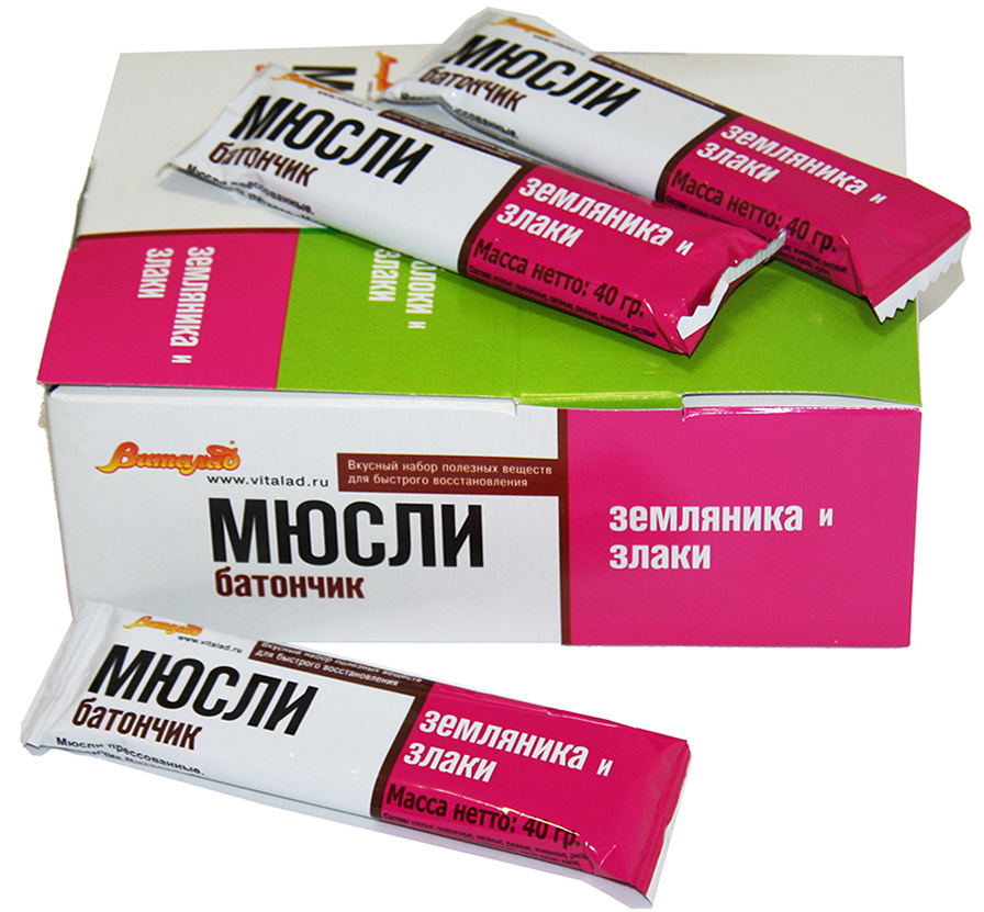 Виталад "Земляника и злаки" мюсли батончик, 24 шт по 40 г #1