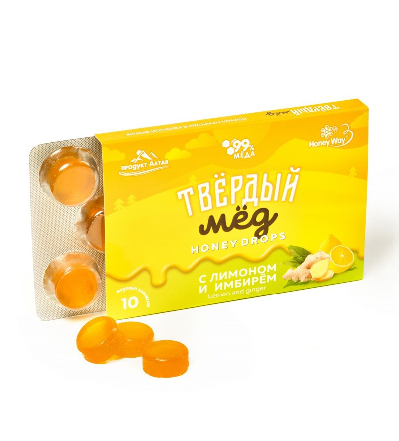 Леденцы медовые с Лимоном и Имбирем 30 грамм / блистер 10 штук по 3 гр ...