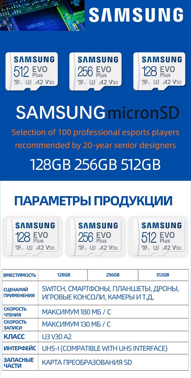 Samsung 512 ГБ EVO Plus microSD SD - карта Switch TF карта Применение ...