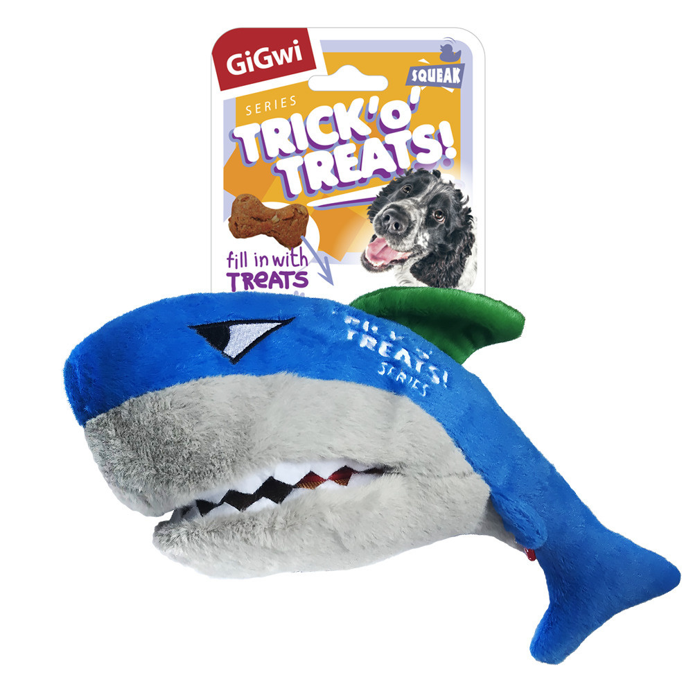 GiGwi Dog Trick-o-Treats! / Игрушка Гигви для собак Акула с пищалкой с нишей под лакомство 30 см  #1