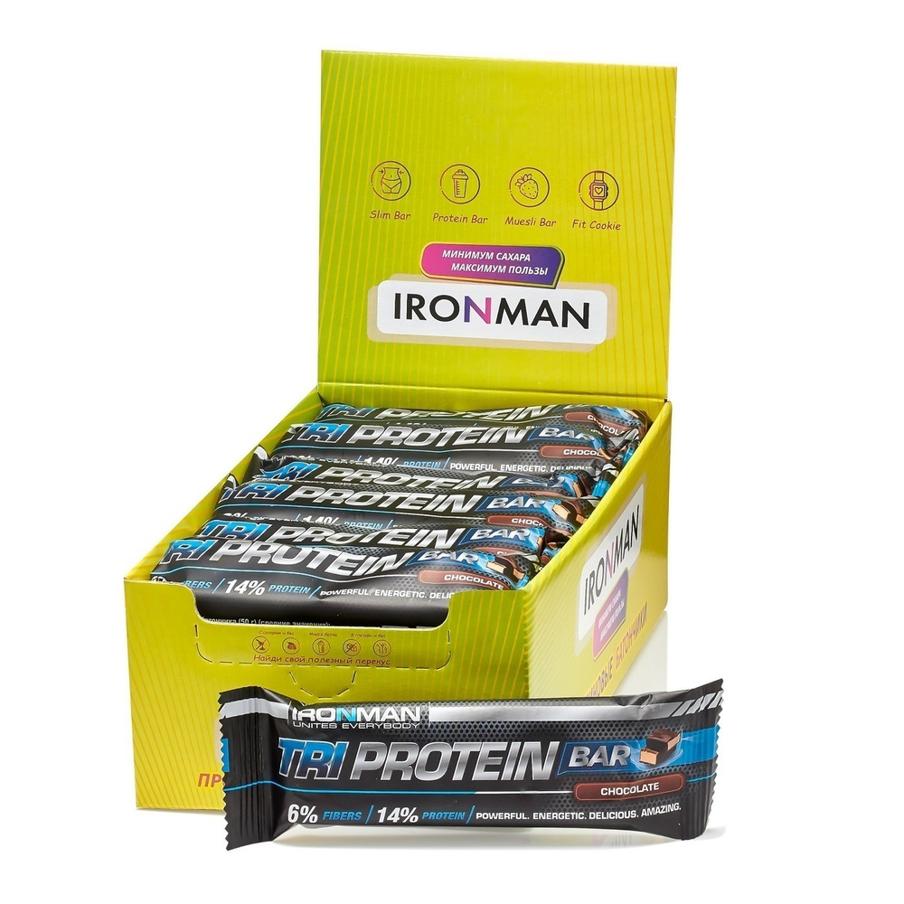 Протеиновые батончики шоколадный вкус, набор 24 штуки Tri Protein Bar IRONMAN белковые, энергетические, #1
