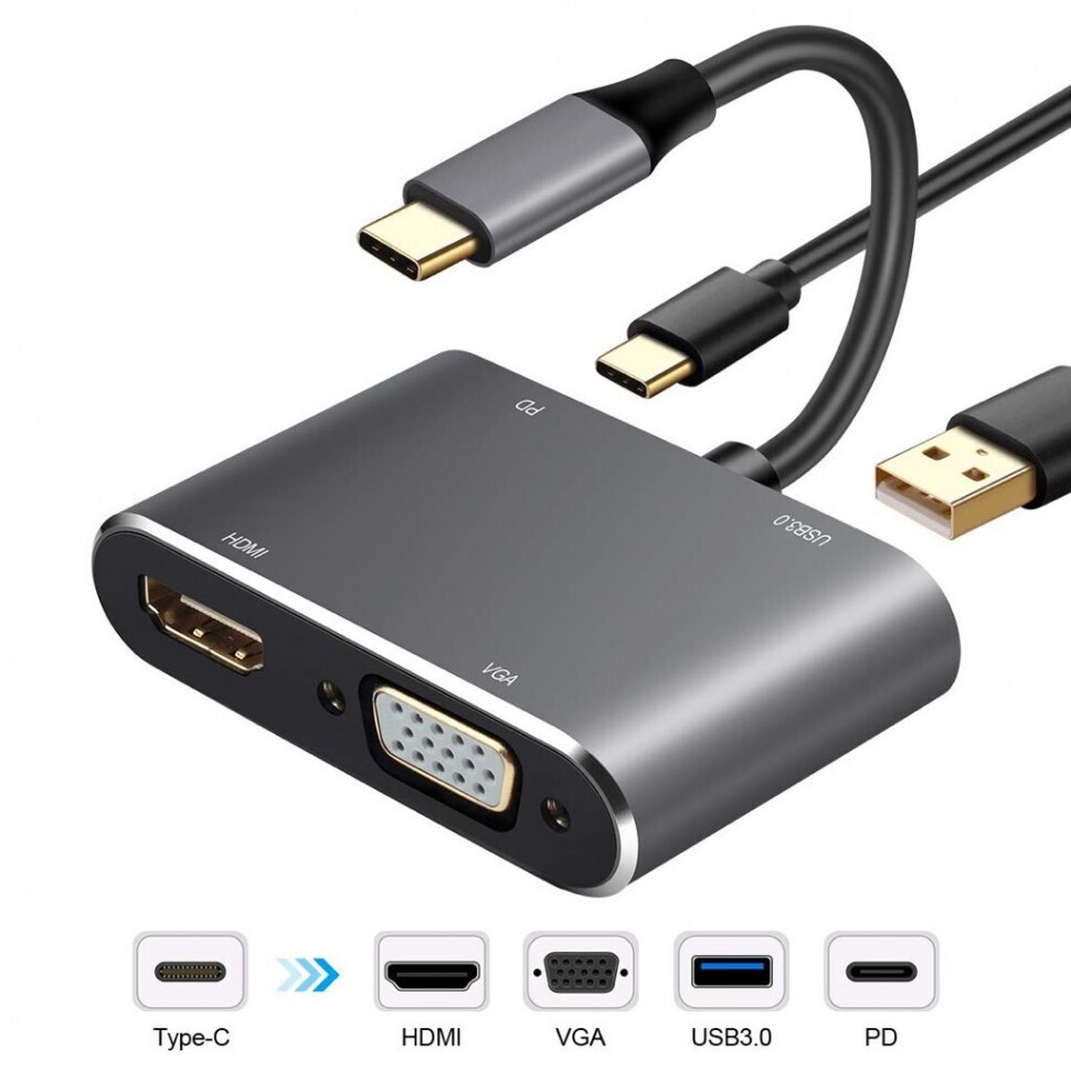 Адаптер 4 в 1 Type-c To HDMI (4K) + VGA + PD + USB 3.0 - купить с доставкой  по выгодным ценам в интернет-магазине OZON (258145841)