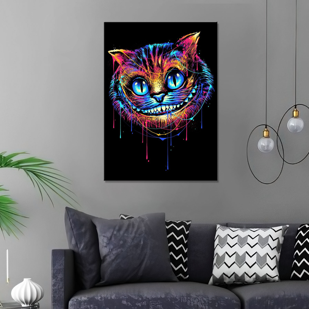 Интерьерная картина на холсте - чеширский кот разноцветный на черном фоне 20х30 - купить по низкой цене в интернет-магазине OZON (345839522)