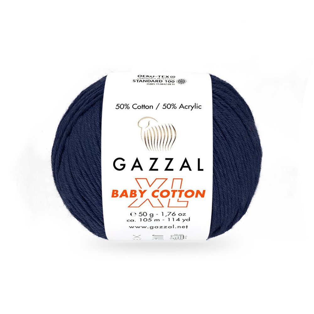 Пряжа Gazzal Baby Cotton xl 1 шт цвет 3438 темно-синий, 105м/50г, 50% хлопок, 50% полиакрил /Газзал Беби #1