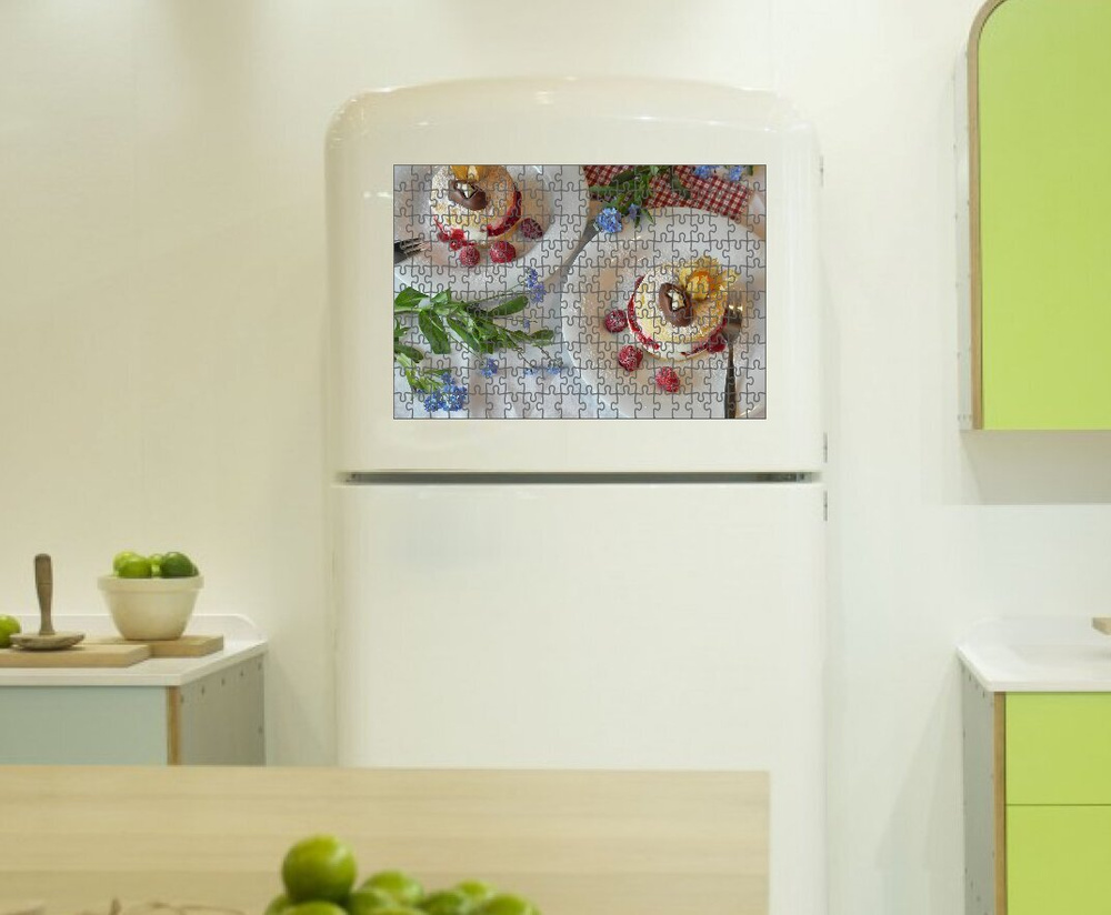 Магнитный пазл 38x26см."Бисквит, торты, разрезы тортов" на холодильник ...