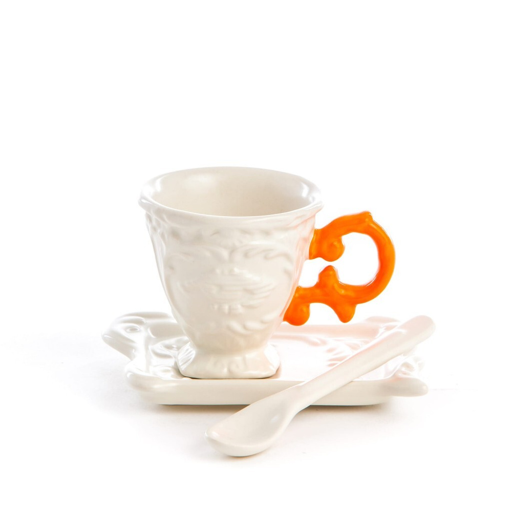 Кофейная пара Seletti I-Wares 09859 ARA I-Coffee Orange из фарфора с цветной ручкой / Дизайнерская посуда #1