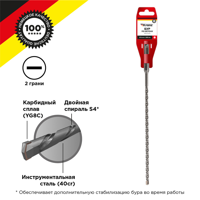 Бур по бетону Kranz 6x260x200 мм SDS PLUS #1