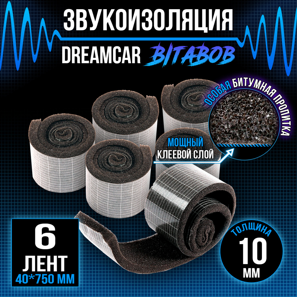 Звукоизоляция c битумной пропиткой DreamCar BitaBob 10мм лента - 6 рулонов  (4 х 75см), уплотнительная лента