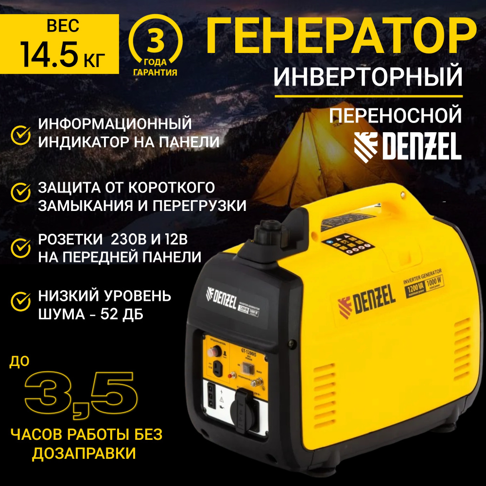 Генератор инверторный GT-1200iS 1,2 кВт, 230 В, бак 2,4 л, закрытый корпус,  ручной старт, Denzel 94701