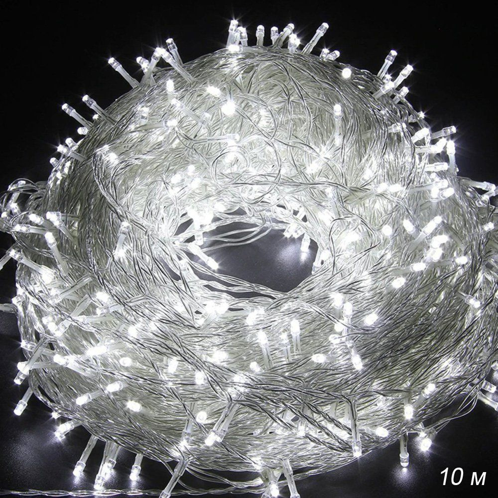 Гирлянда светодиодная. Шнур 10 м, 100 LED, 8 режимов, холодный белый.  #1