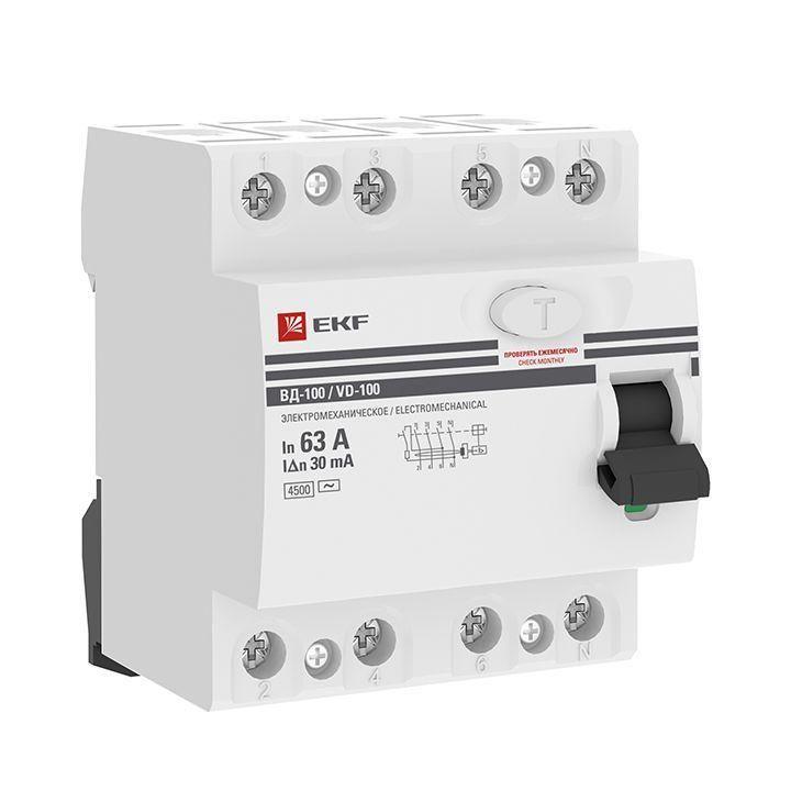 Выключатель дифференциального тока (УЗО) 4п 63А 30мА тип AC ВД-100 (электромех.) PROxima EKF elcb-4-63-30-em-pro #1