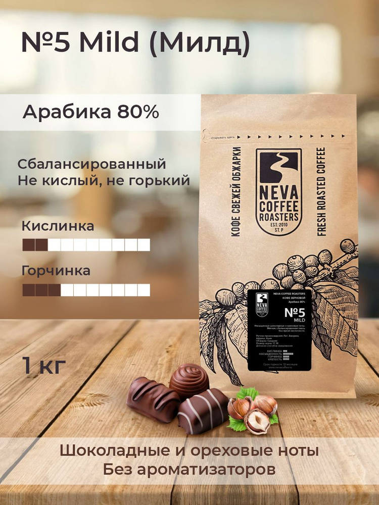 Свежеобжаренный кофе в зернах Neva Coffee Roasters №5 Mild (Милд), 1,00 кг, 80% Арабика , 20% Робуста #1