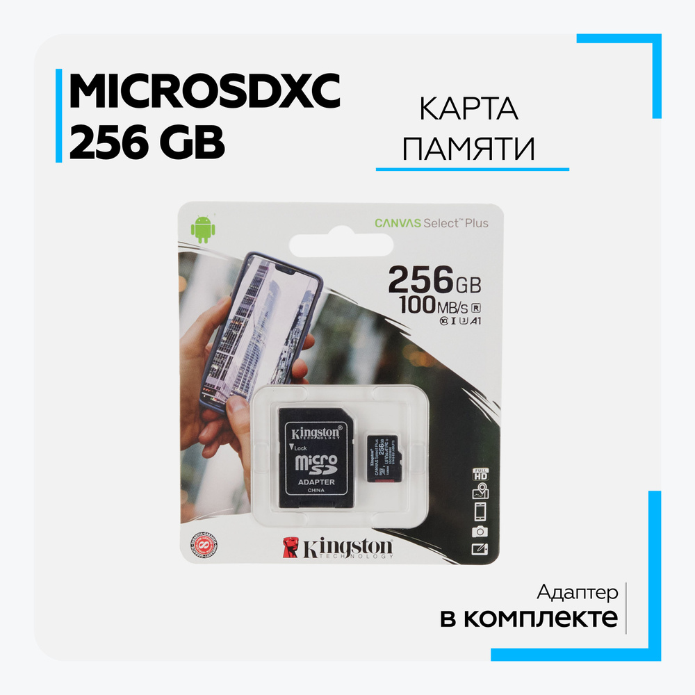 Карта памяти Micro SD XC Kingston 256 GB 100Mb/s class U3V30A1 с адаптером  для телефона, видеорегистратора, фотоаппарата - купить с доставкой по  выгодным ценам в интернет-магазине OZON (626316386)