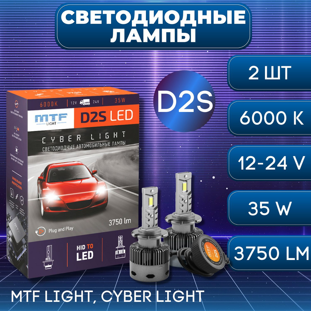 Светодиодные лампы D2S Cyber Light 6000К Холодный Белый свет (вместо  штатных ксеноновых ламп)