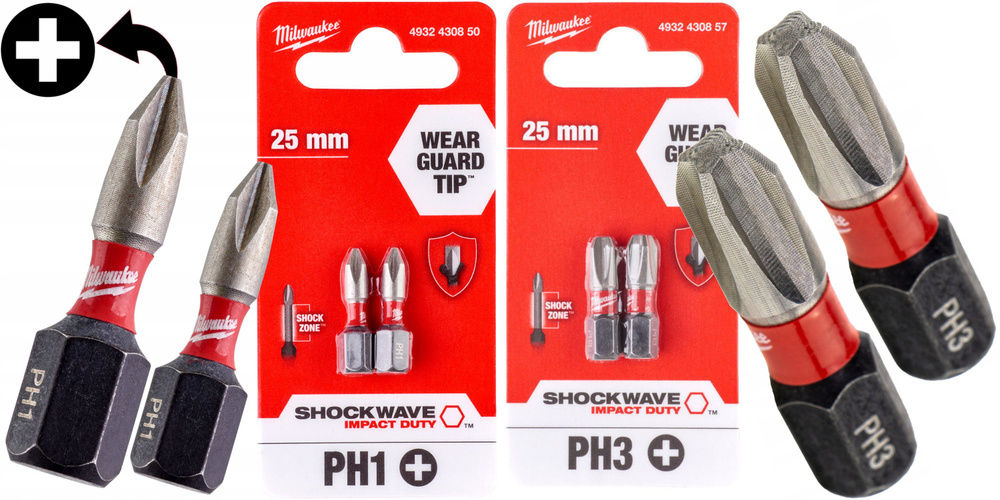 PH1(2шт)+PH3(2шт) 25мм. Набор бит для шуруповёрта ударных Shockwave MILWAUKEE  #1