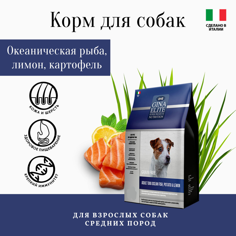 Gina корм для взрослых собак с океанической рыбой, картофелем и лимоном ...