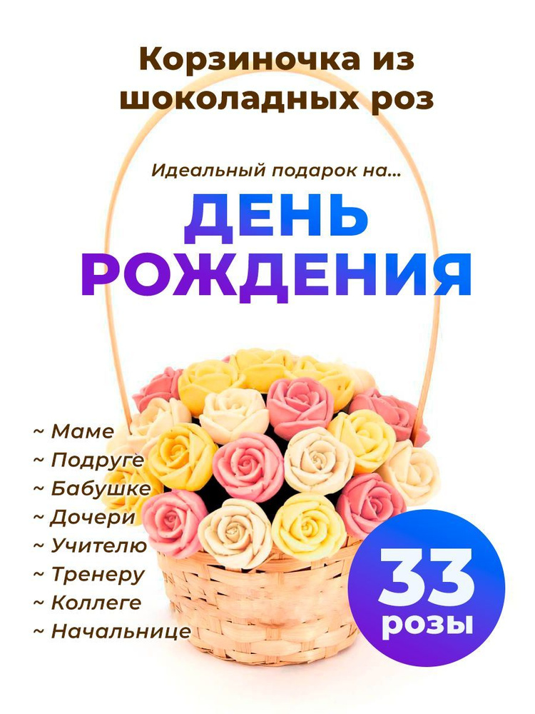 33 шоколадные розы CHOCO STORY в корзинке - Белый, Желтый и Розовый Бельгийский шоколад, 396 гр. K33-BJR #1