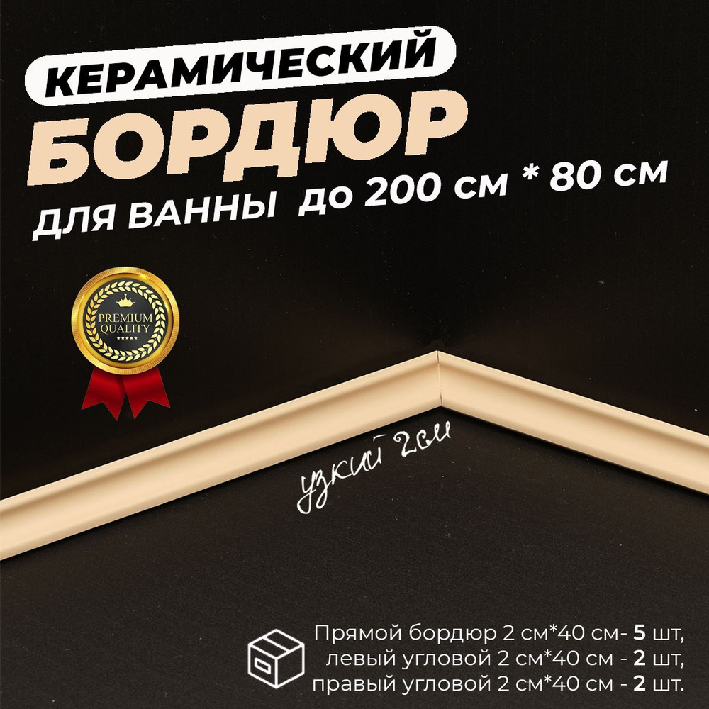 Бордюрная лента керамическая, Комплект ЕВРО 2 см х 40 см. Цвет - бежевый матовый  #1