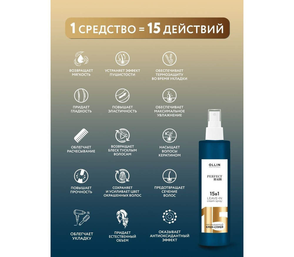 OLLIN PROFESSIONAL Спрей для волос 15 в 1 профессиональный с кератином PERFECT HAIR, 250 мл  #1