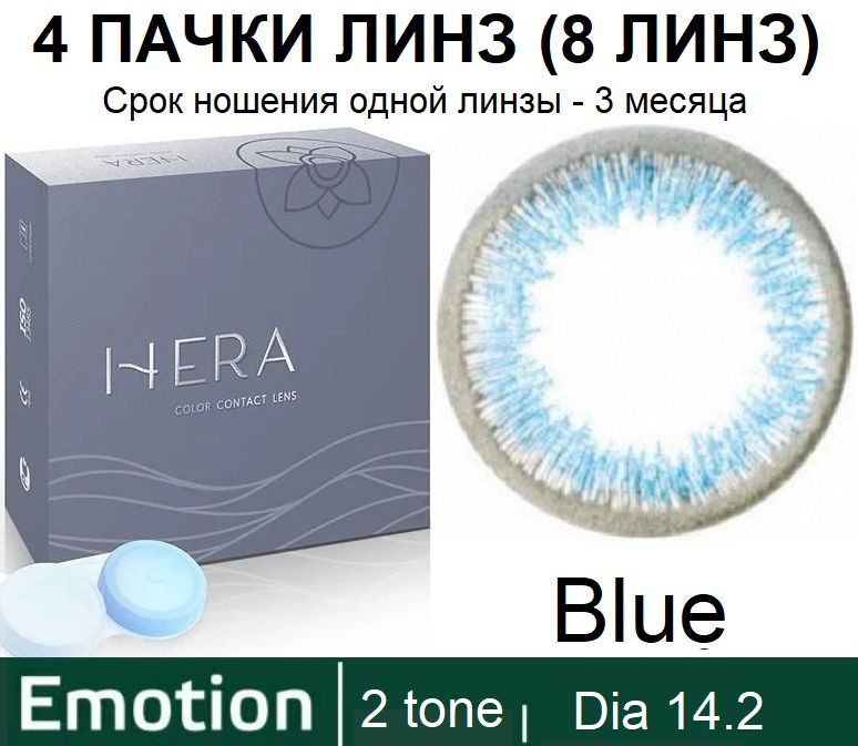 Hera Emotion Голубые линзы 0.00 / 14.2 / 8.6, 2 тона(подходит для светлых и тёмных глаз), 8 штук (4 пачки #1