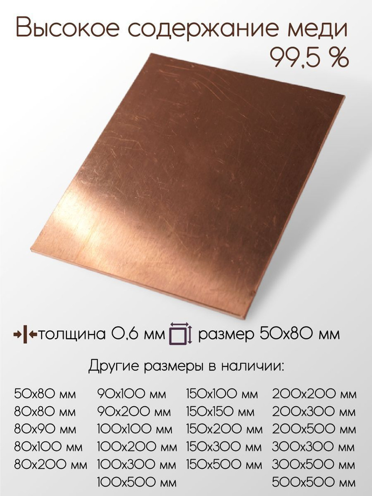 Медь М1М лист толщина 0,6 мм 0,6x50x80 мм #1