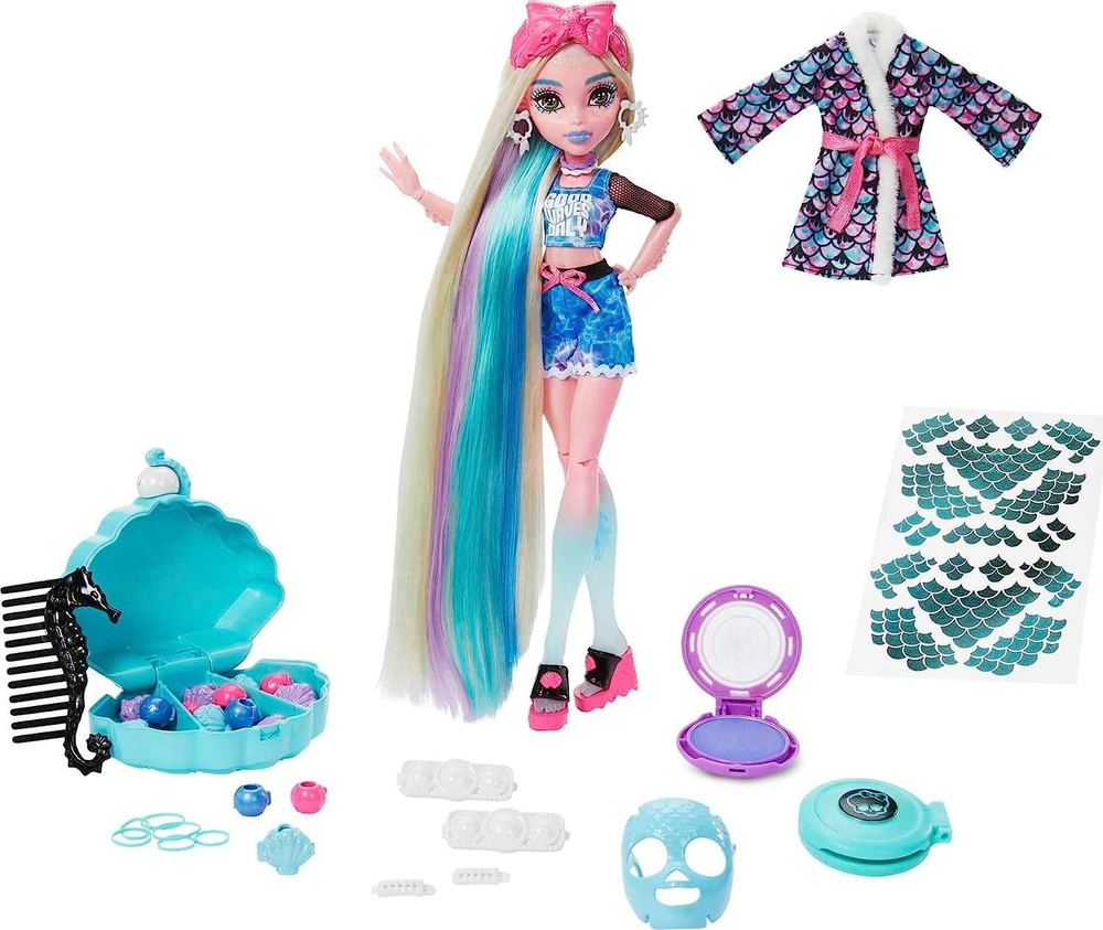 Коллекционная кукла Monster High Lagoona Blue Spa Day Set with Wear and  Share Accessories Like Hair Clips, Hair Chalk and Tattoos