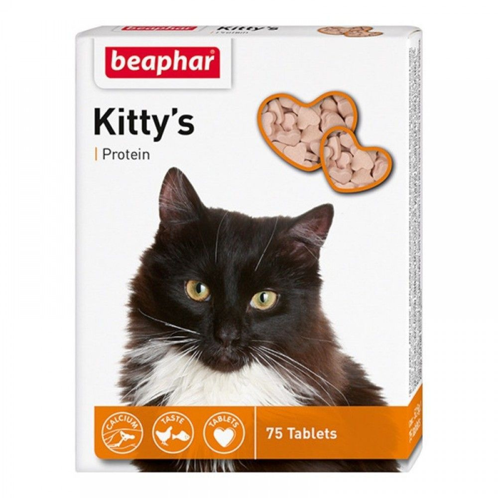 Витамины для кошек с протеином Beaphar Kittys+Protein сердечки, кормовая добавка, 75т.  #1