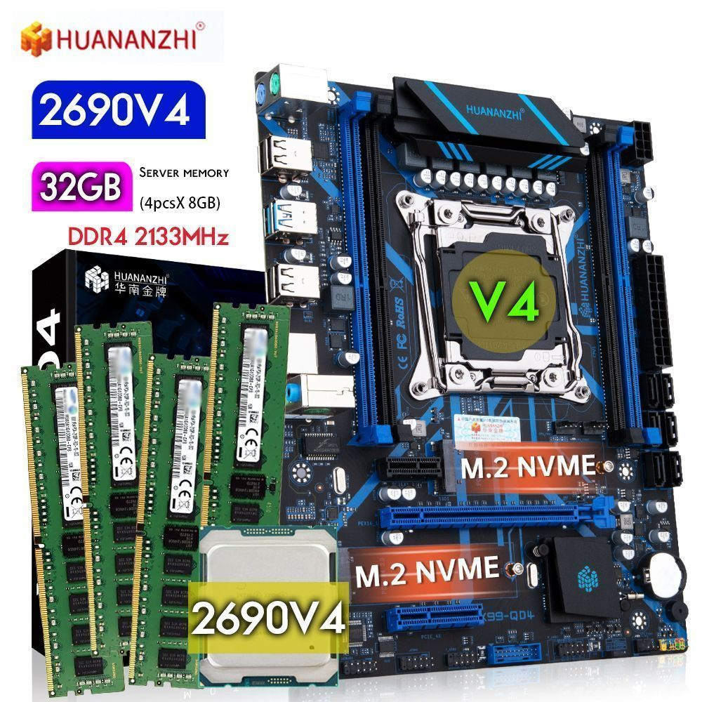 HUANANZHI Компьютер в сборке X99 LGA 2011-3 + E5 2690 V4 2,6 ГГц (14  ядер/28 потока) + 32 Гб DDR4 2133МГц REG ECC RAM NVME M.2 USB 3.0