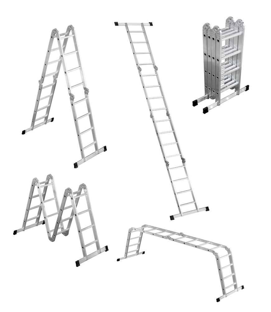 Лестница-стремянка 4х4 трансформер ЭНКОР, высота 4.5 м.  Лестница-трансформер Энкор, четырехсекционная, алюминиевая