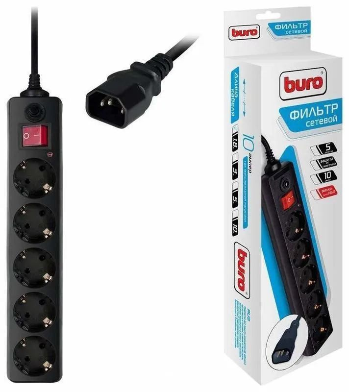 Сетевой фильтр Buro 500SH-1.8-UPS-B 1.8 метра, 5 розеток, черный, 2200Вт, вилка IEC320  #1