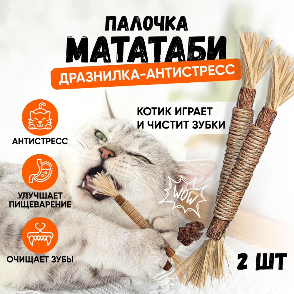 Игрушка для кошек натуральная палка из дерева Мататаби, Для кота кошки и  котят, жевательная игрушка для чистки зубов, 2 шт