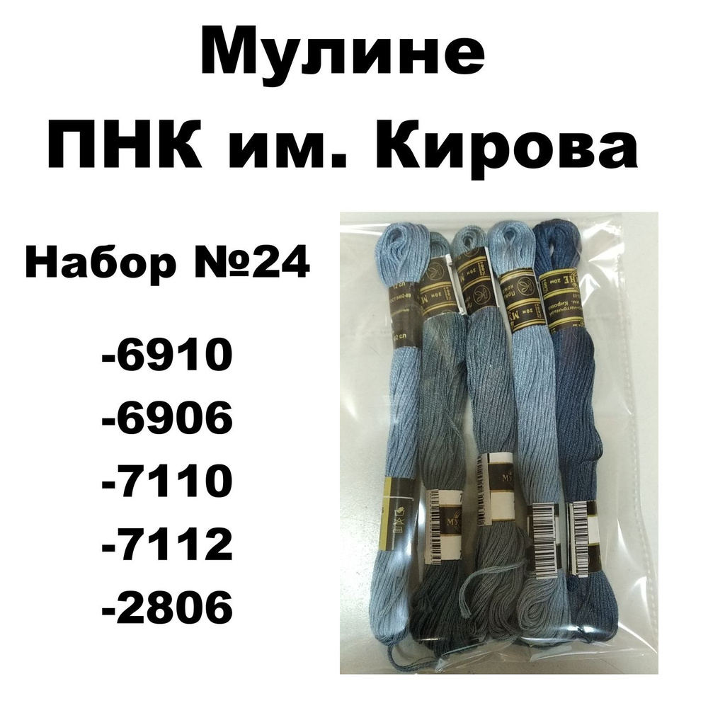 Нитки мулине ПНК им. Кирова для вышивания / Набор №24 / цвета 6910, 6906, 7110, 7112, 2806  #1