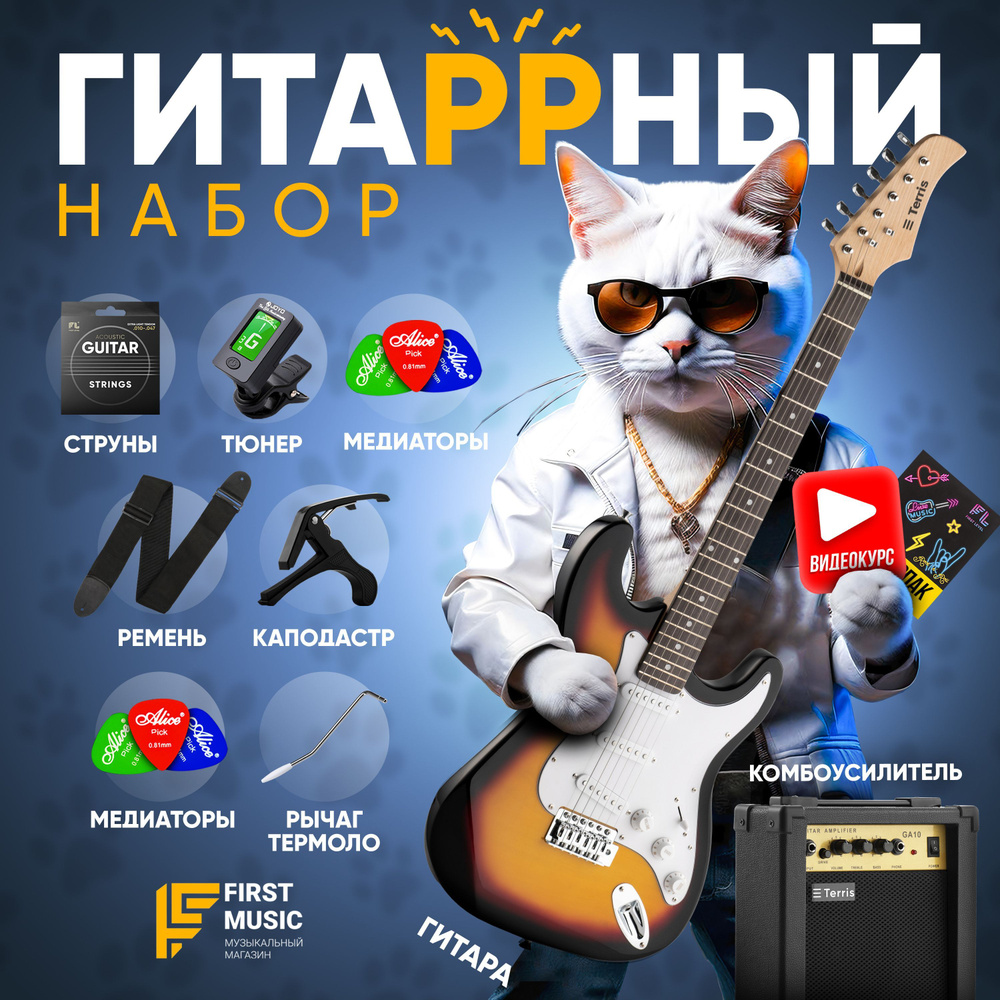 Электрогитара для начинающих TERRIS TPACK-1 с полным комплектом, цвет ...