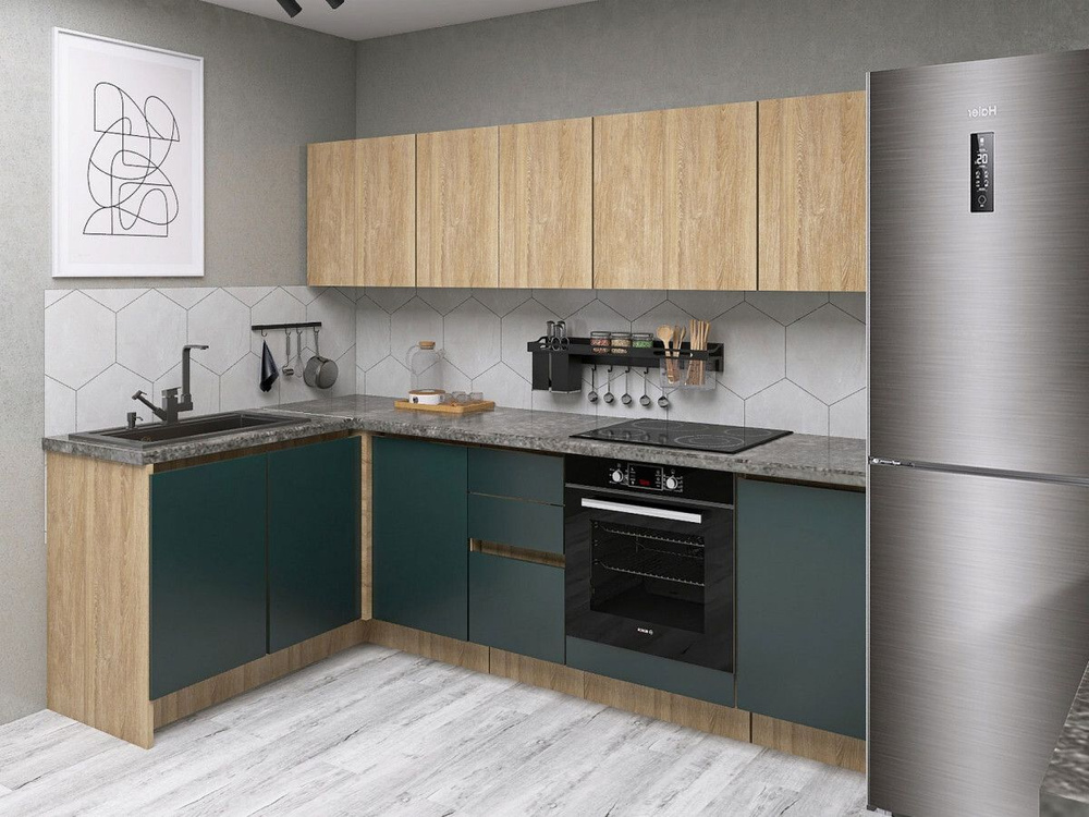 Угловой кухонный гарнитур Женева 240х142 см Дуб Палермо / Зеленый Без ...