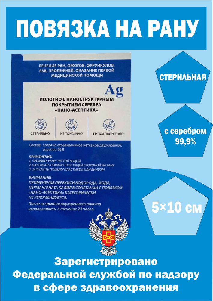 Повязка с нано-частицами серебра антимикробная, для заживления ран ...