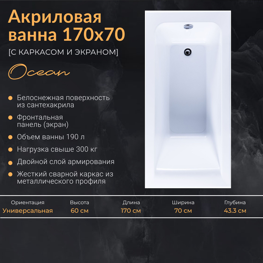 Белая прямоугольная акриловая ванна Nixx Ocean 170x70 с экраном (с  каркасом)/Встраиваемая, пристенная, 00329276и00242155 - купить по выгодной  цене в интернет-магазине OZON (1273288357)