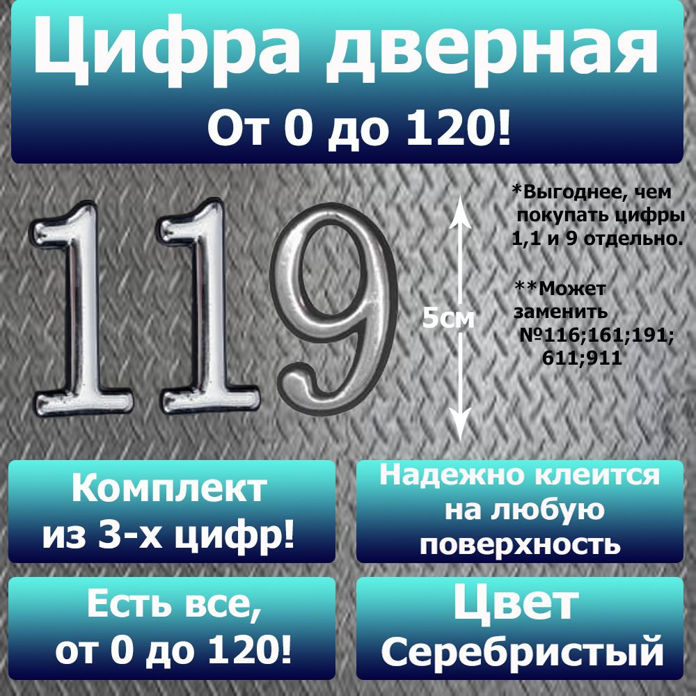 Цифра на дверь квартиры самоклеящаяся №119 с липким слоем Серебро, номер дверной Хром, Все цифры от 0 #1