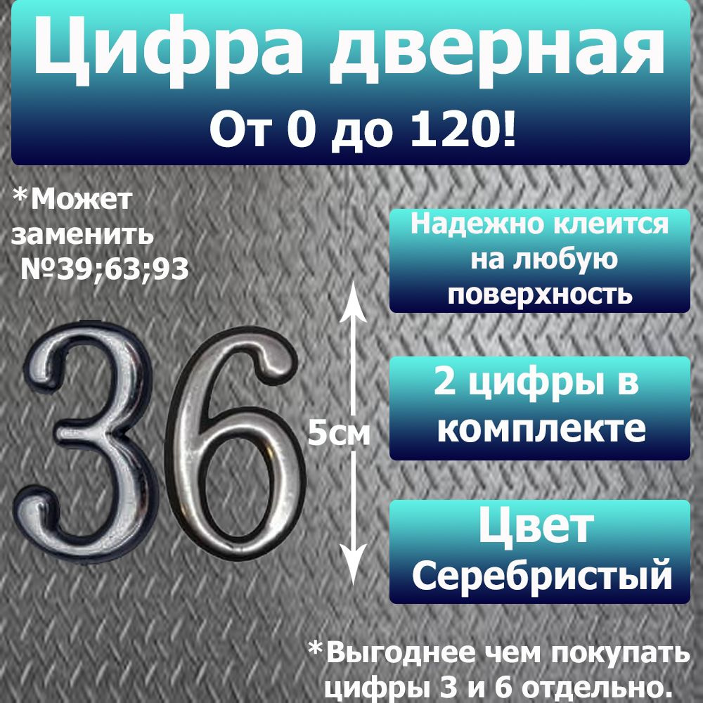 Цифра на дверь квартиры самоклеящаяся №36 с липким слоем Серебро, номер дверной Хром, Все цифры от 0 #1