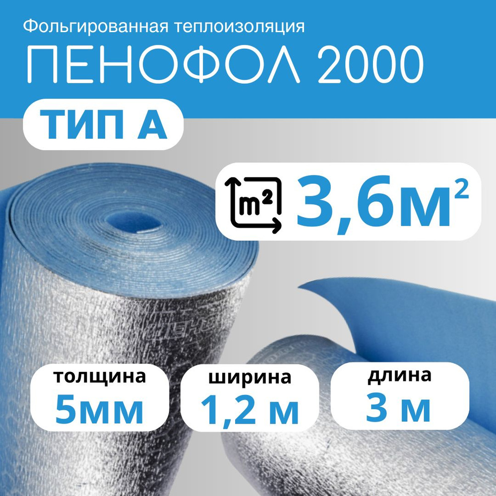 Утеплитель фольгированный Пенофол 2000 А, 5мм, 1,2*3м (3.6 кв.м ...