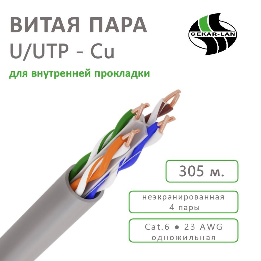 Кабель RJ-45 Ethernet GEKAR-LAN U/UTP CU Cat6 PVC 4х2х0,57 - купить по  низкой цене в интернет-магазине OZON (864975201)