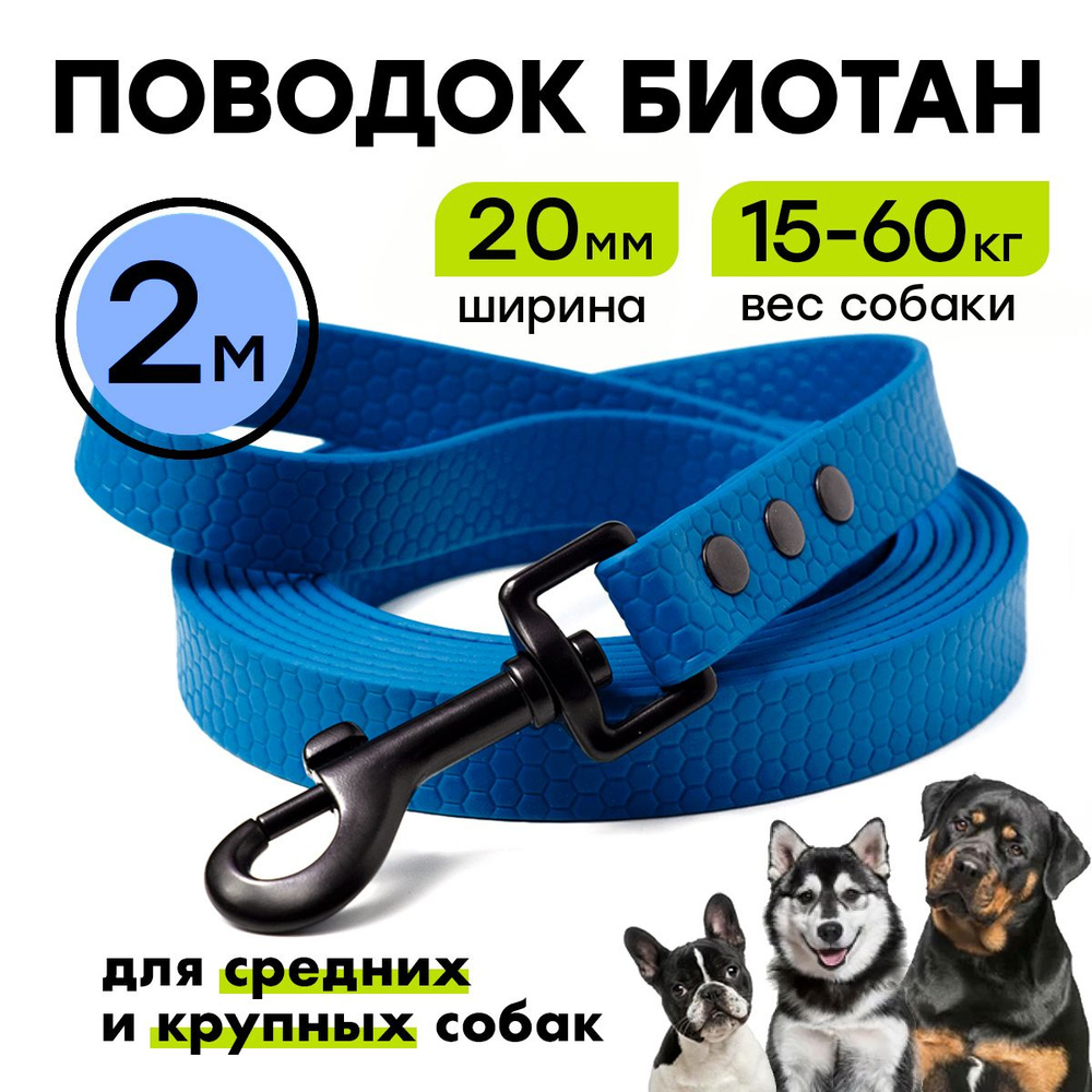 Поводок из биотана 2 м, ширина 20 мм, Woofy "Iron ", прорезиненный, водостойкий, синий  #1