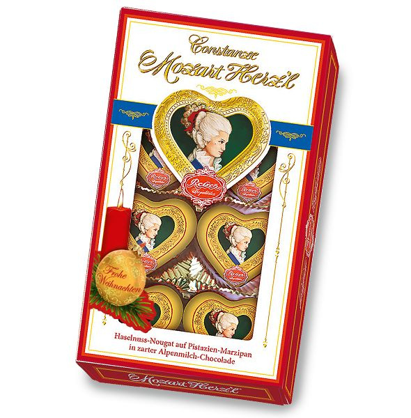 Подарочный набор Reber Mozart шоколадные конфеты сердечки из горького и молочного шоколада с марципаном, #1