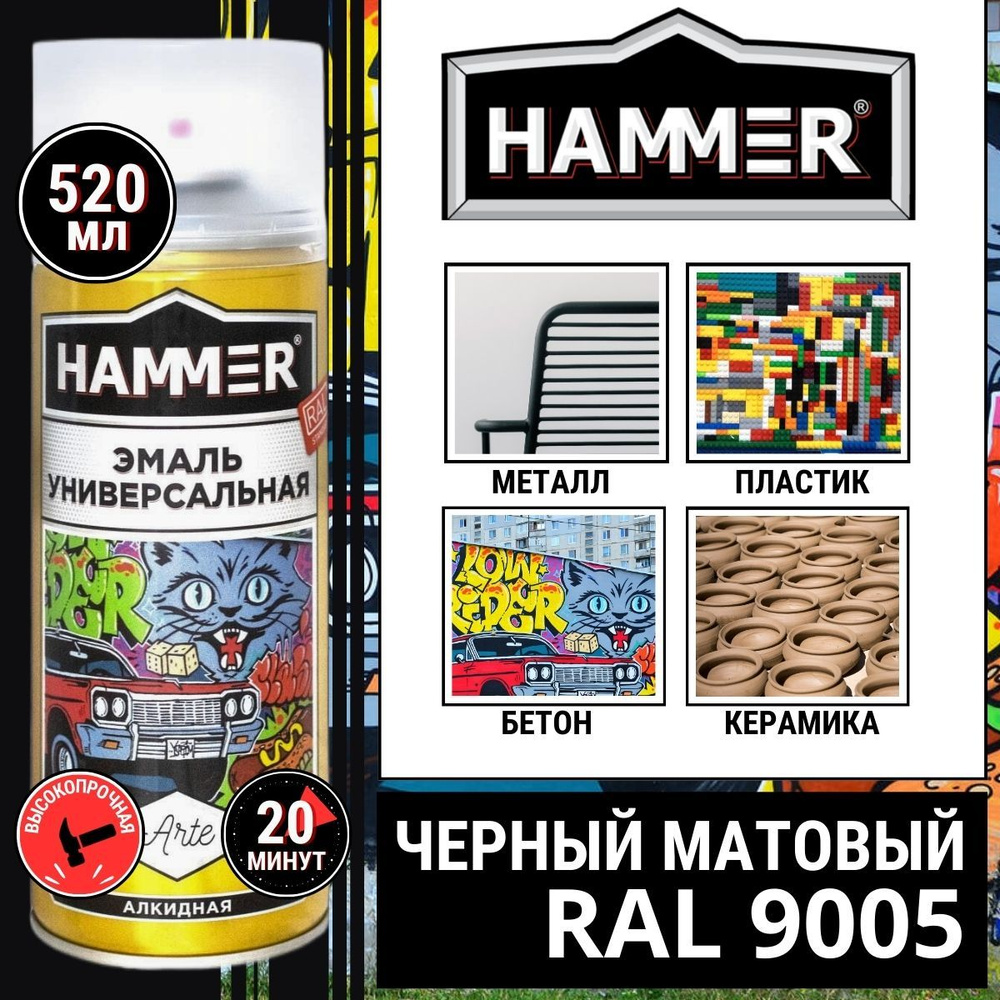 Аэрозольная краска HAMMER арте_эко Быстросохнущая, Алкидная, Матовое  покрытие, черный матовый - купить в интернет-магазине OZON по выгодной цене  (476832439)