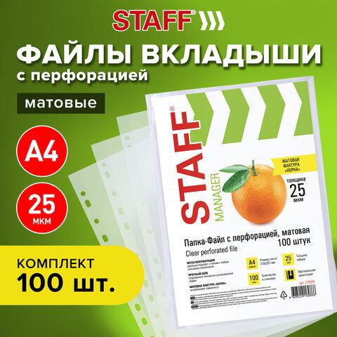 Папки-файлы перфорированные ЭКОНОМ, А4, STAFF, комплект 100 шт., матовые, 25 мкм  #1