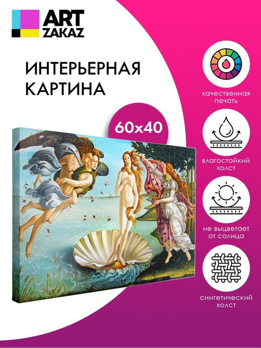 Картина на холсте/"Рождение Венеры" С. Боттичелли, 60х40см - купить по ...