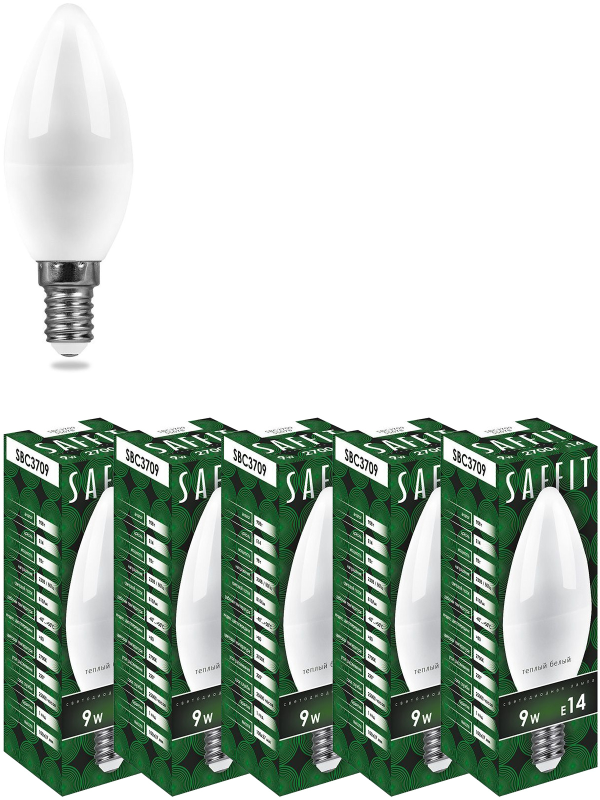 Лампа светодиодная SAFFIT SBC3709 Свеча E14 9W 2700K 55078 5 штук