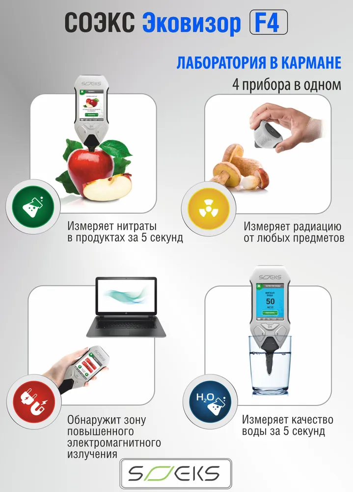 СОЭКС Эковизор F4 (Дозиметр. Нитрат-тестер. Оценка качества воды. Индикатор ЭМ-поля), вариант, фото 3