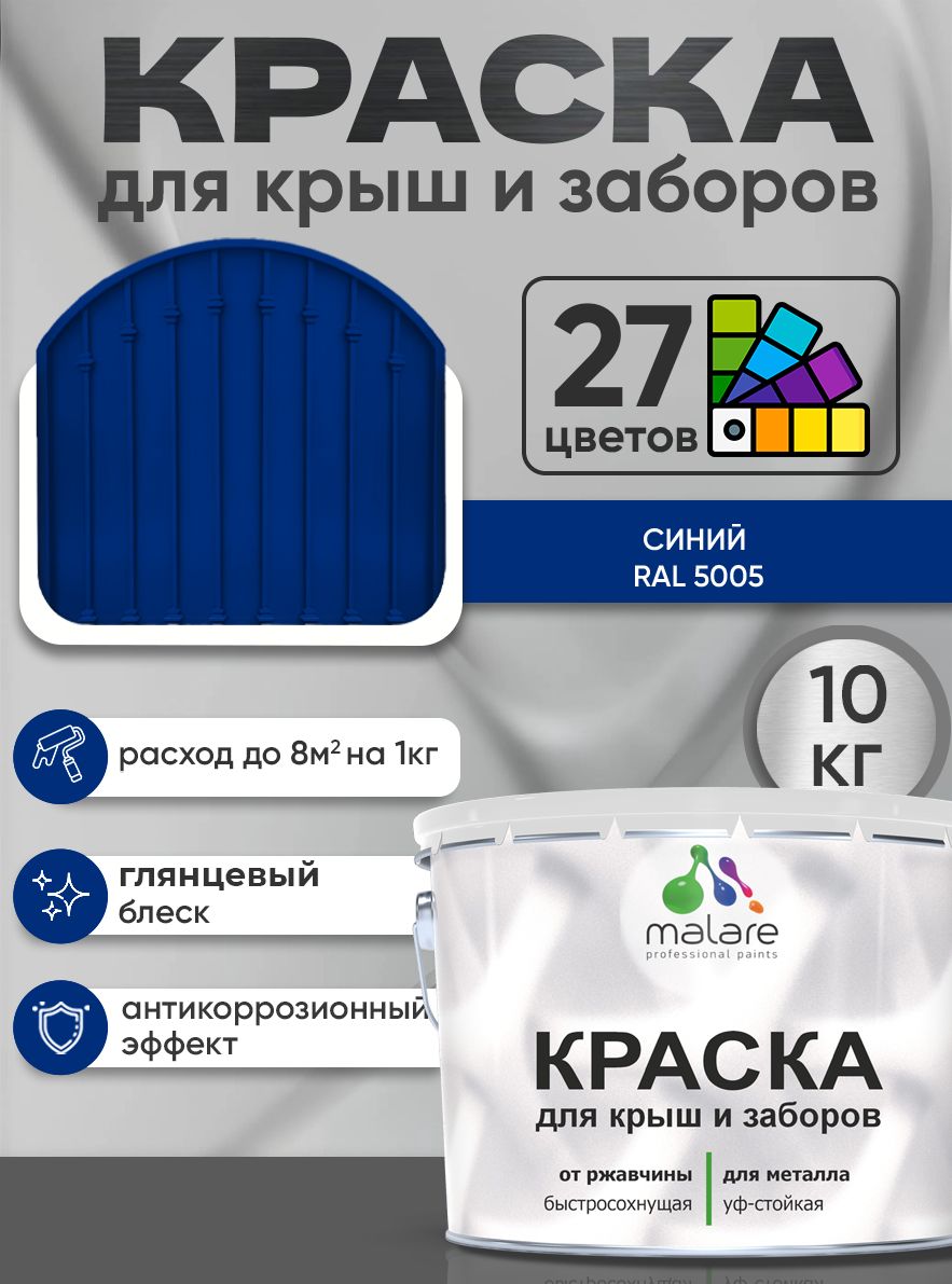 Краска по металлу Malare для крыш и заборов по ржавчине, для наружных работ, быстросохнущая износостойкая RAL 5005 синий, глянцевая, 10 кг